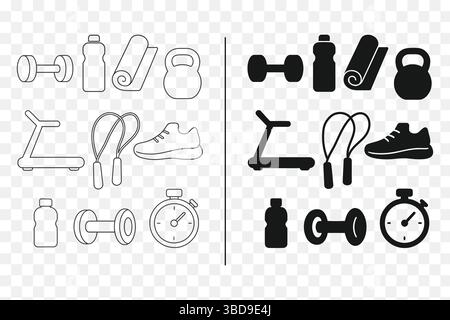 Set di icone per il fitness: Illustrazioni linea minimalista e outfit per l'allenamento in stile solido Illustrazione Vettoriale