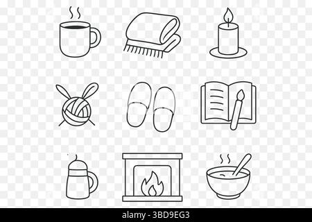 Cozy Hygge Essentials: Set iconico minimalista di Line Art Illustrazione Vettoriale