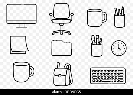 Icone minimaliste dell'area di lavoro – Set di elementi essenziali per l'ufficio artistico Illustrazione Vettoriale