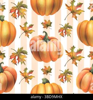 Zucche autunnali arancioni con foglie d'acero. Illustrazione ad acquerello, disegnata a mano. Motivo senza cuciture su sfondo bianco a righe il giorno del Ringraziamento, Harvest Foto Stock