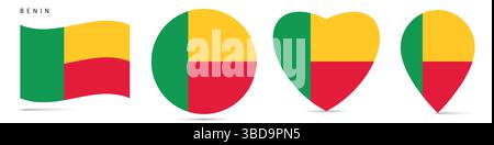 Bandiera ondulata del Benin, badge adesivo circolare, icona a forma di cuore, spilla della mappa. Bottoni bandiera Dahomey di forme diverse. Illustrazione vettoriale isolata su W. Illustrazione Vettoriale