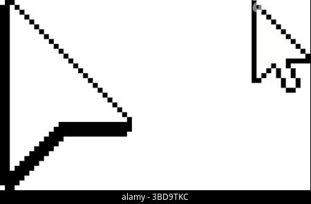 Cursori freccia pixel in stile retrò a 8 bit. Icone del mouse vettoriale del computer isolate su bianco. Fare clic sui simboli del puntatore per applicazioni, siti Web, interfaccia utente dei giochi e digita Illustrazione Vettoriale