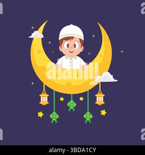 Happy Boy dà il benvenuto a Eid con Crescent Moon Illustrazione Vettoriale