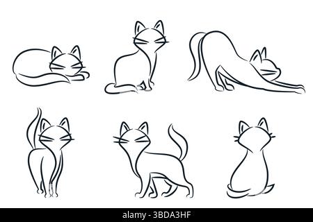 Silhouette lineare astratta del gatto in posizioni diverse. Icona PET, simbolo logo emblema modello di design. Serie di illustrazioni vettoriali. Concetto per negozio di animali o veteri Illustrazione Vettoriale