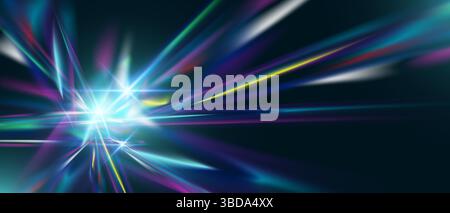 Luce a prisma diamantato con bagliore iridescente. Riflessi cristallini, raggi arcobaleno e neon brillano su sfondo a gradiente astratto. Moderno effetto magico per temi fantasy o olografici. Illustrazione Vettoriale