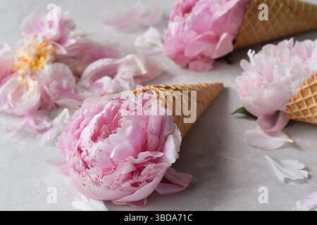Peonie rosa in coni di gelato per waffle Foto Stock