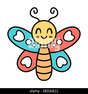 Farfalla di cartone animato sorridente con motivi a forma di cuore. Si tratta di una simpatica e colorata illustrazione vettoriale di una farfalla di cartone animato con un'espressione allegra. Illustrazione Vettoriale