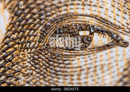 Colpo estremo da vicino di Mao Zedongs, presidente del Partito Comunista Cinese, sulla banconota cinese da 20 Yuan Foto Stock