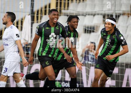 Brugge, Belgio. 23 maggio 2025. Flavio Nazinho di Cercle festeggia dopo aver segnato durante una partita di calcio tra Cercle Brugge e Patro Eisden Maasmechelen, venerdì 23 maggio 2025 a Brugge, seconda tappa della retrocessione finale di play-off del campionato belga 'Jupiler Pro League' 2024-2025. Il vincitore dell'incontro si qualificherà per giocare in prima Divisione. BELGA FOTO KURT DESPLENTER credito: Belga News Agency/Alamy Live News Foto Stock