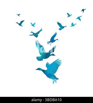 Uno stormo di anatre blu che volano. disegno a mano. Non IA. Illustrazione vettoriale Illustrazione Vettoriale