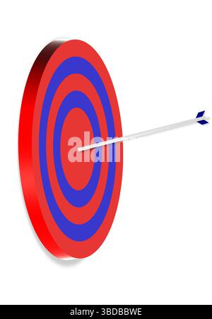 Bersaglio rosso e blu 3D con una freccia bianca che colpisce il centro. ideale per obiettivi aziendali, precisione, successo di marketing, prestazioni, concetti Illustrazione Vettoriale
