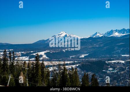 Vista panoramica dei monti Tatra innevati e della città di Zakopane, Polonia Foto Stock