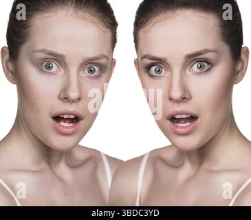 Confronto ritratto di una donna con e senza trucco Foto Stock