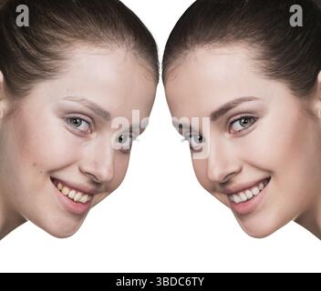 Confronto ritratto di una donna con e senza trucco Foto Stock