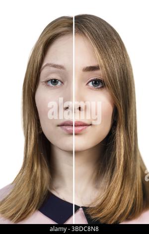 Confronto ritratto di una donna con e senza trucco Foto Stock