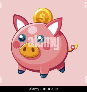 Carino Cartoon Piggy Bank con Gold Coin per risparmiare Illustrazione Vettoriale