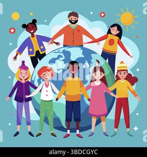 Persone diverse che tengono per mano il World Cartoon Illustrazione Vettoriale