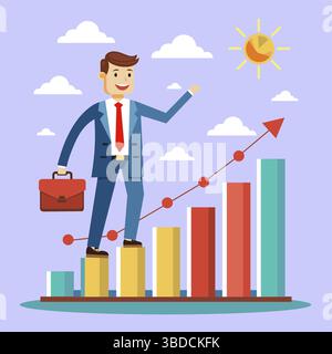Uomo d'affari in piedi sulla crescente tabella bar verso il successo Illustrazione Vettoriale