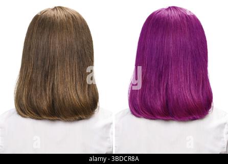 Confronto ritratto di donna prima e dopo la tintura dei capelli isolato su bianco Foto Stock