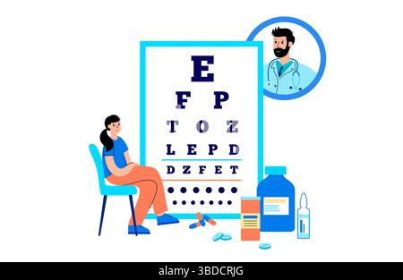 Illustrazione di un esame e trattamento oculare. Un test con diagramma oculare valuta l'acuità visiva misurando la chiarezza con cui un paziente può vedere lettere o altri simboli a una distanza specifica. Foto Stock
