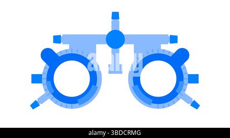 Immagine di un telaio di prova oftalmico. Si tratta di una montatura per occhiali regolabile progettata per contenere varie lenti di prova per testare la visione e trovare la prescrizione corretta. Viene utilizzato dagli oftalmologi e dagli optometristi per valutare gli errori di rifrazione del paziente, come miopia (miopia) e astigmatismo. Foto Stock