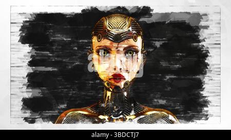 Artistic 3D illustration of a female cyborg Foto Stock