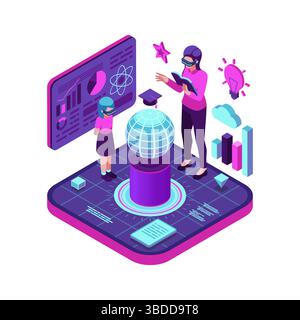 Insegnante isometrico e studente in classe metaversa virtuale. Il concetto di "Metaverse Classroom" e "realtà virtuale per l'istruzione" Illustrazione Vettoriale