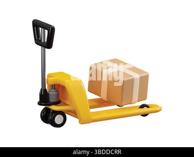 Carrello idraulico con scatole di cartone icona 3d concetto di rendering di martinetto per pallet da magazzino, illustrazione vettoriale carrello di carico logistico Illustrazione Vettoriale