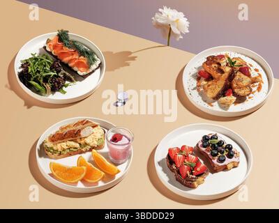 Un'ampia varietà di piatti deliziosi e assortiti, presentati in modo splendido su piatti, che ti attendono Foto Stock