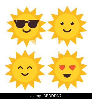 Icone del sole impostate in stile vettoriale piatto, espressioni diverse, isolate su bianco Illustrazione Vettoriale