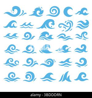 Insieme di onde oceaniche blu, icone astratte dei vettori fluidodinamici Illustrazione Vettoriale