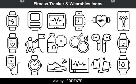 Le icone degli indossabili del fitness tracker sono grafiche a linee Illustrazione Vettoriale