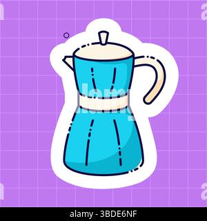 Una macchina per il caffè Kawaii Blue geyser su sfondo viola. Simpatico adesivo per un pianificatore quotidiano. Illustrazione Vettoriale