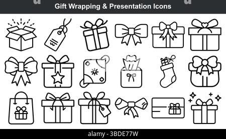 Icone di presentazione della confezione regalo line art set Illustrazione Vettoriale