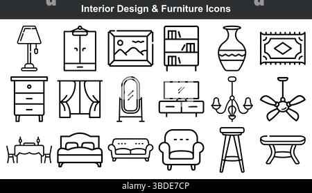 Le icone dei mobili di design degli interni sono in linea con l'art set Illustrazione Vettoriale