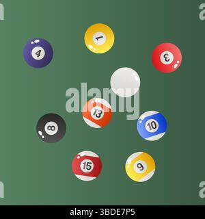 Collezione di palline da biliardo in vari colori e numeri. Elementi da biliardo attrezzature sportive da competizione. Illustrazione Vettoriale