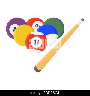 Palline da biliardo colorate con bastoncini in tonalità su sfondo bianco. Palline da biliardo e bastoncini di cue per attrezzature sportive al coperto. Illustrazione Vettoriale