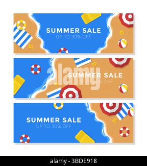 Collezione di modelli per banner con vendita estiva isolata con vista sulla spiaggia. Set di modelli per banner pubblicitari estivi Illustrazione Vettoriale