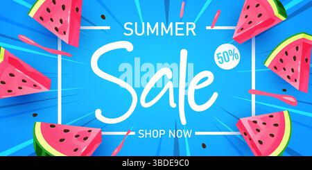 Poster dei saldi estivi o modello per banner con fette colorate di anguria. Promozione e modello di shopping per la stagione estiva. Illustrazione vettoriale Illustrazione Vettoriale
