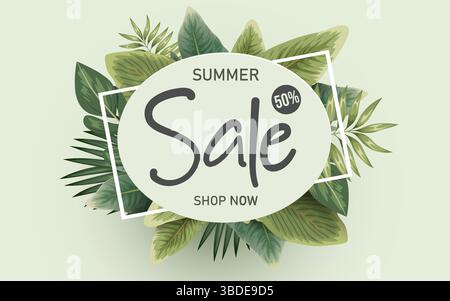 Poster dei saldi estivi o modello per banner con foglie tropicali. Promozione e modello di shopping per la stagione estiva. Illustrazione vettoriale Illustrazione Vettoriale