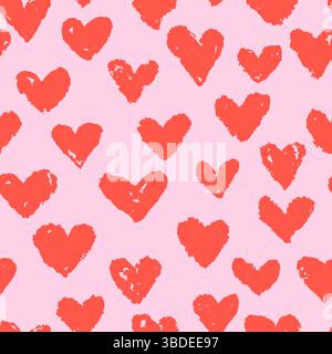 Colori rosa e rosso motivo alla moda senza cuciture con cuori ad acquerello. Matita vettoriale o gesso sfondo disegnato a mano. Elegante stampa tessile, pape da imballaggio Illustrazione Vettoriale