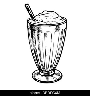 Un frullato vintage in un bicchiere alto con una paglia. La bevanda ha una consistenza cremosa ed è condita con panna montata. Ideale per piatti a tema retrò Illustrazione Vettoriale