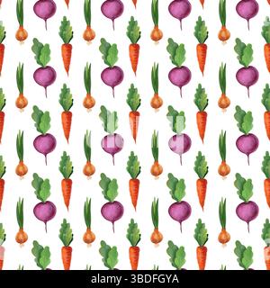 Motivo acquerello senza cuciture con verdure. Illustrazione pepe, melanzane, pomodoro, carota, disegnato a mano. Dieta vegetariana con vitamine Foto Stock