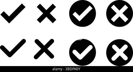 Icone grafiche di conferma e rifiuto minimaliste per elementi Design, interfaccia utente vettoriale/UX: Icone di approvazione e rifiuto delle linee sottili, segni di spunta in bianco e nero. Illustrazione Vettoriale