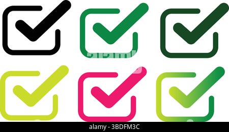 Icone dei segni di spunta colorati: Simboli di approvazione diversi, set di segni di spunta variante: Indicatori di stato corretti, design delle caselle di controllo moderne. Illustrazione Vettoriale
