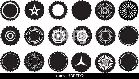 Set di adesivi circolari. Logo nero promozionale bordo ondulato etichette a forma di stella a scoppio a prezzo. Adesivi di vendita vuoti Illustrazione Vettoriale