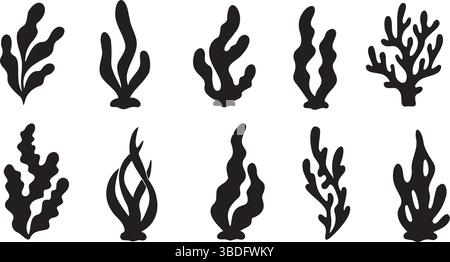Motivi marini minimalisti, corallo nero e elementi organici dell'oceano, scarabocchi subacquei e forme ispirate a Matisse Illustrazione Vettoriale