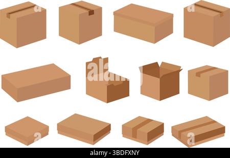 scatola di imballaggio design piatto marrone set di illustrazione vettoriale sfondo bianco isolato Illustrazione Vettoriale