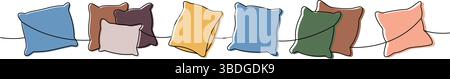 Set di soffici cuscini a una linea colorata, disegno continuo. Cuscini comodi per dormire. Illustrazione vettoriale. Illustrazione Vettoriale