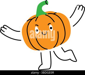 Il personaggio della zucca dei cartoni animati sta ballando e sorridendo. Verdure biologiche fresche. Mangiare sano. Illustrazione vettoriale. Illustrazione Vettoriale